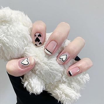 Press on Nails Square Short French Tips Black 24Pcs Artificial Square Fake Nails with Heart Designs Glossy Full Cover Acrylic Extra Short Coffin False Nails Glue ons Fingernails for Women