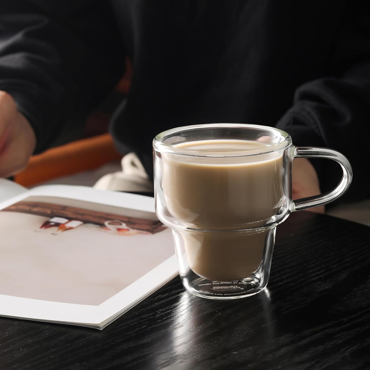 NIRA.Z 4 Pack Double Wall Glass Coffee Mugs 12 OZ Insulated Espresso Cups with Handle, Stackable Thermal Glass Coffee Cups, Ideal for Hot & Cold Drinks, Juice, Americano, Latte, Tea Bags, Cappuccinos - Image 6