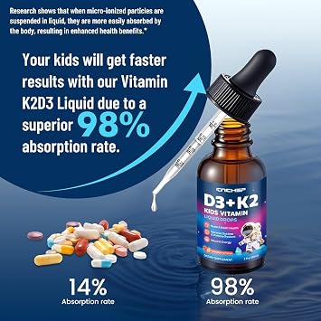 Vitamin D3 K2 Drops for Kids - Liquid Supplement with Magnesium for Calcium Absorption, Joint Health, Teeth & Heart - Non-GMO, Vegan, Strawberry, 2 Fl Oz - Kids Ages 4+