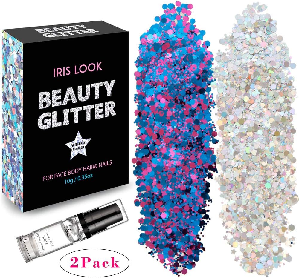 Silver Holographic Face Glitter ✮ HITOP Body Glitter ✮ 20g Festival Chunky Glitter with Gel, Cosmetic Face Body Hair Nails (Silver & Purplish Blue)