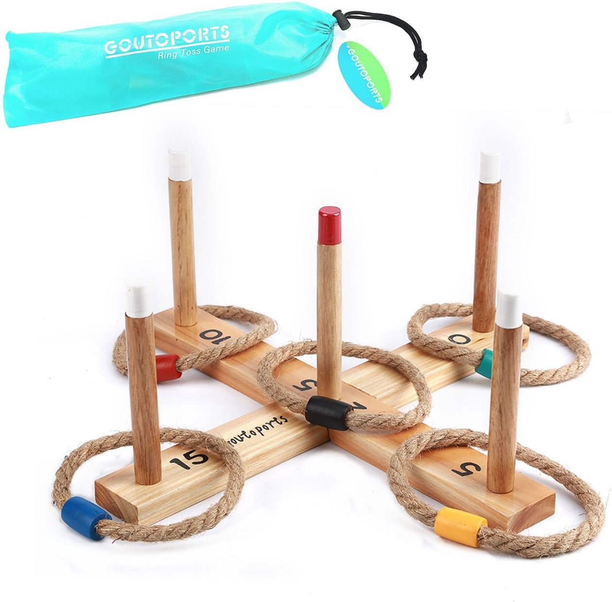 Goutoports Wooden Loop & Hoop Ring Toss Game Set, Kids and Adults Games with 5 Quoits Rope