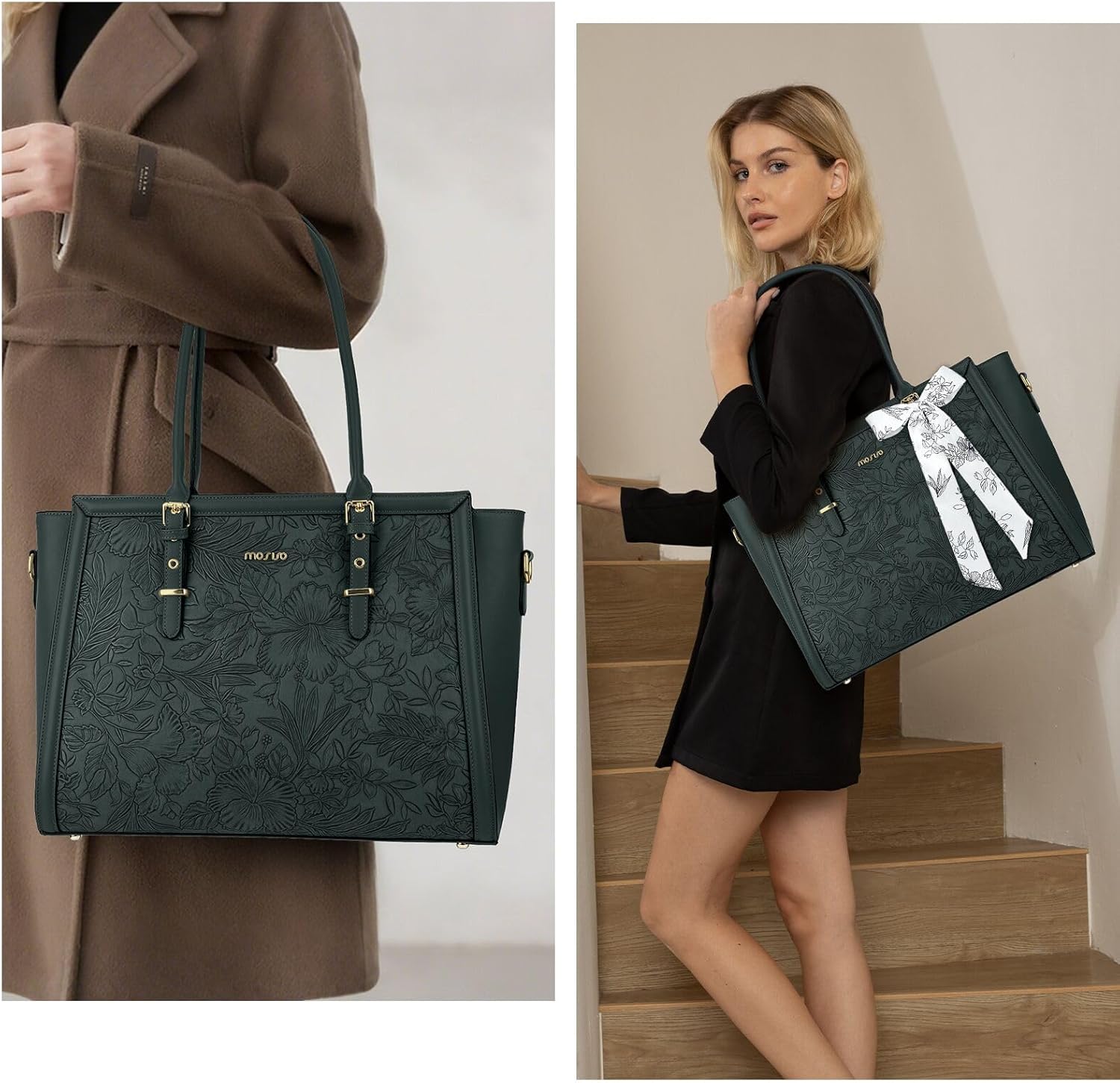 MOSISO Laptop Bag for Women, PU Leather Tote Bag, Front Embossed Retro Hibiscus Computer Bags with Silk Scarf&Clutch Purse - Image 2