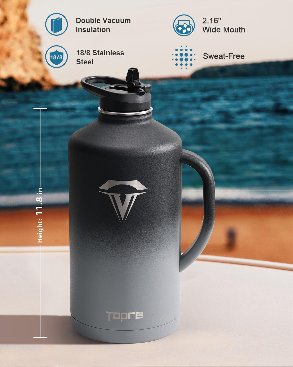Amazon.com: Topre 128 oz Insulated Water Bottle with Straw and Lid, One  Gallon Stainless Steel Cup with Handle,Leakproof Metal Travel Jug Flask Mug  Tumbler Cup With Carry Pouch and Brush,Keep Cold &