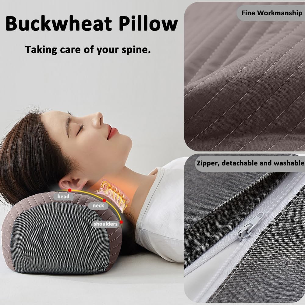 Almohadas de trigo sarraceno con funda extraíble, almohada cervical para dormir con forma de cáscara cervical para apoyo firme, almohadas cilíndricas para dormir de lado, espalda, cuidado de la
