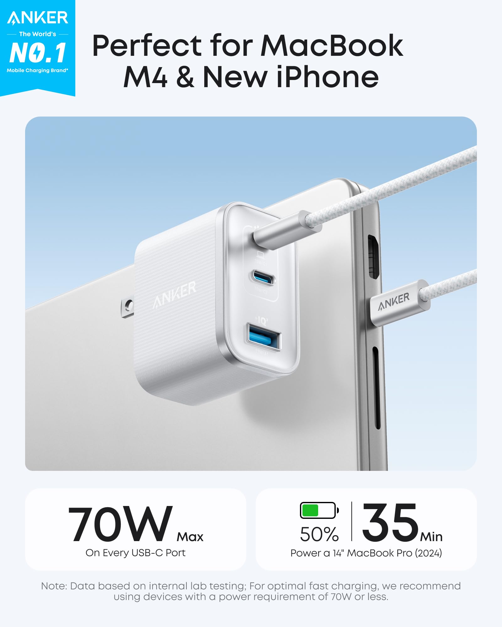 The Anker Nano 70W 3-Port Charger showcasing its compact design and foldable prongs, ideal for travel.