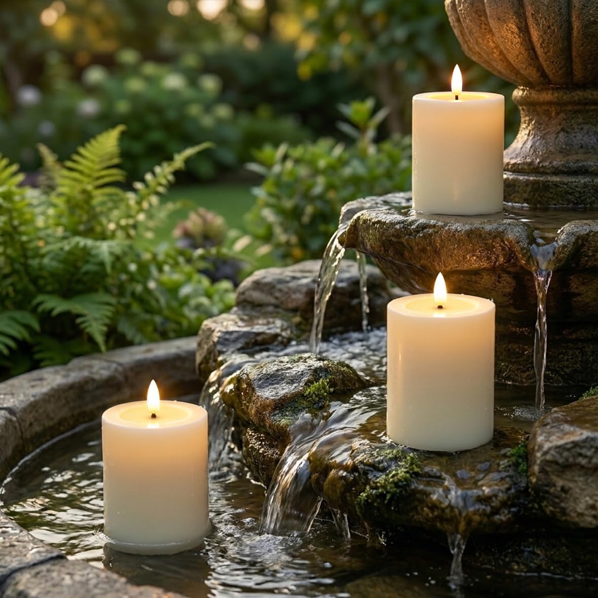 Outdoor Waterproof Flameless Candles with Remote and Timer, 3 Pack Battery Operated LED Flickering Pillar Candles, Fake Plastic Candles with Wax Effect for Lanterns, Indoor,(Ivory, 3" x5" 5" 5")