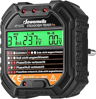 DEWENWILS Steckdosentester mit RCD-Prüfung und LCD-Voltage-Display, 6 Arten von Fehlerdiagnose, Leckspannungs- und Stromanzeige, FI Test, 48-250V/45-65Hz, CAT ll 300V