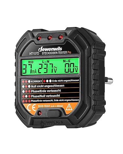 DEWENWILS Socket Tester with RCD Test and LCD Voltage Display, 6 Types of Fault Diagnosis, Leak Voltage and Current Display, FI Test, 48-250V/45-65Hz, CAT ll 300V : Amazon.de: DIY & Tools