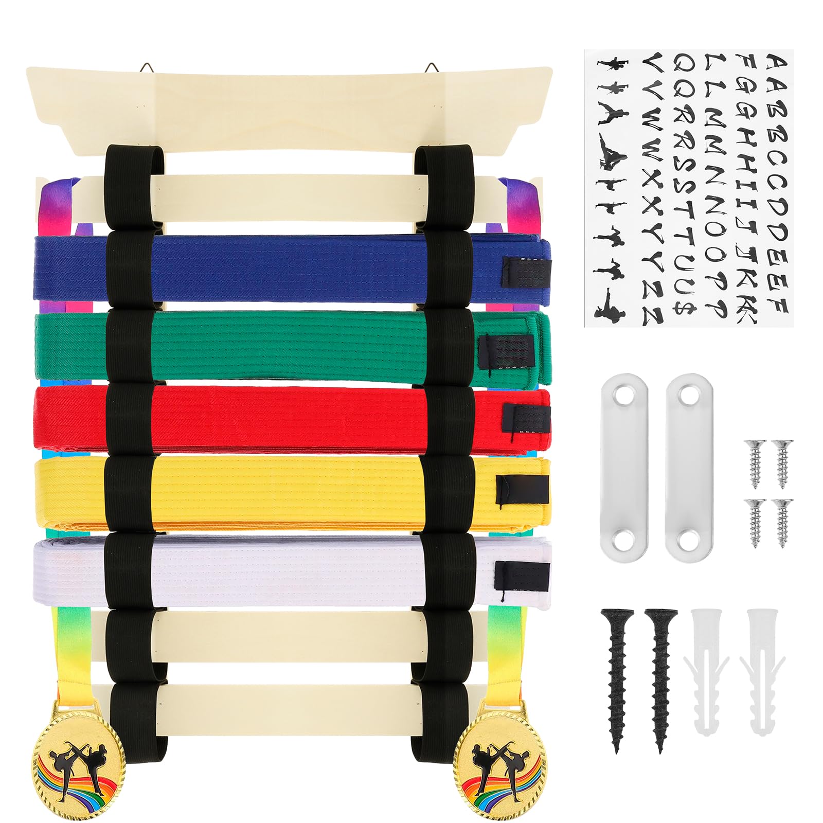 Kuanght White 8 Belts Karate Belt Display Rack With Stickers, Taekwondo Belts Showing Stand, Martial Arts Belt Display Organizer For Kids And Adults