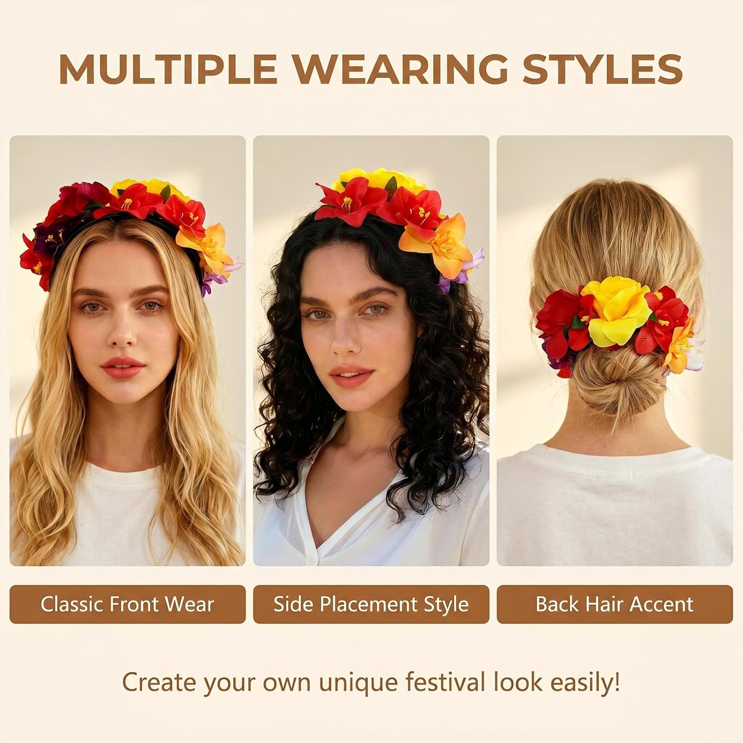 Mexican Rose Flower Crown Headband, Artificial Floral Headpiece for Halloween Day of The Dead Theme Party Cosplay