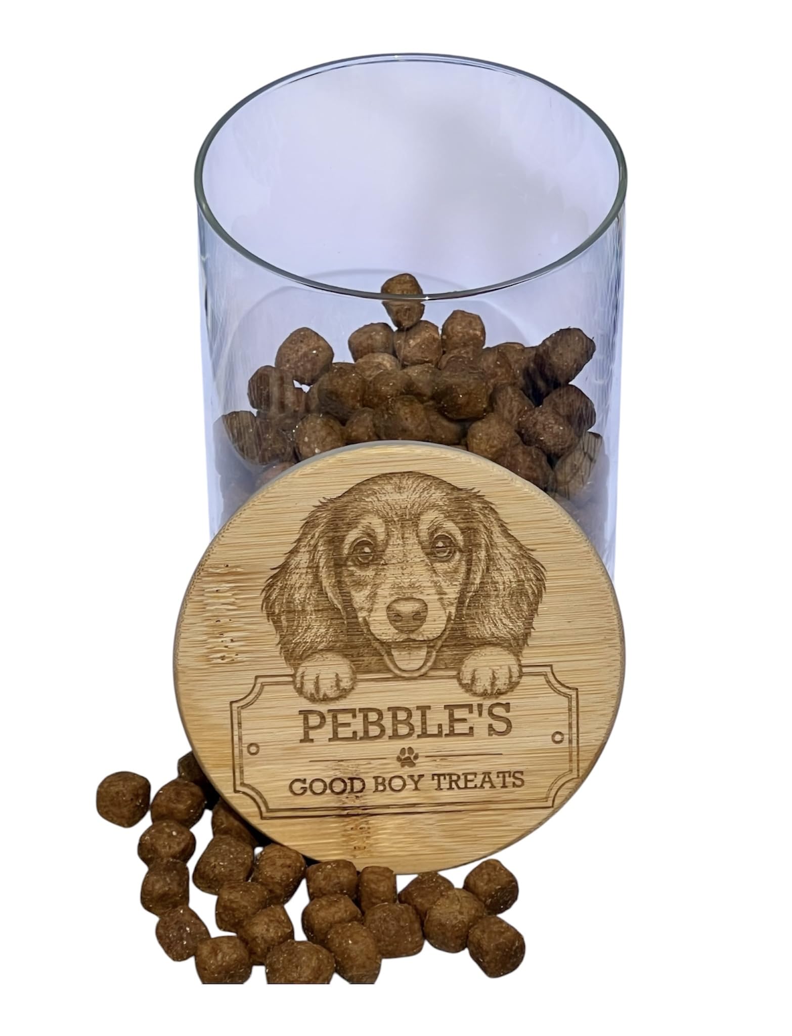 Personalised Dachshund Dog Treats Jar with Bamboo Lid, Custom Engraved