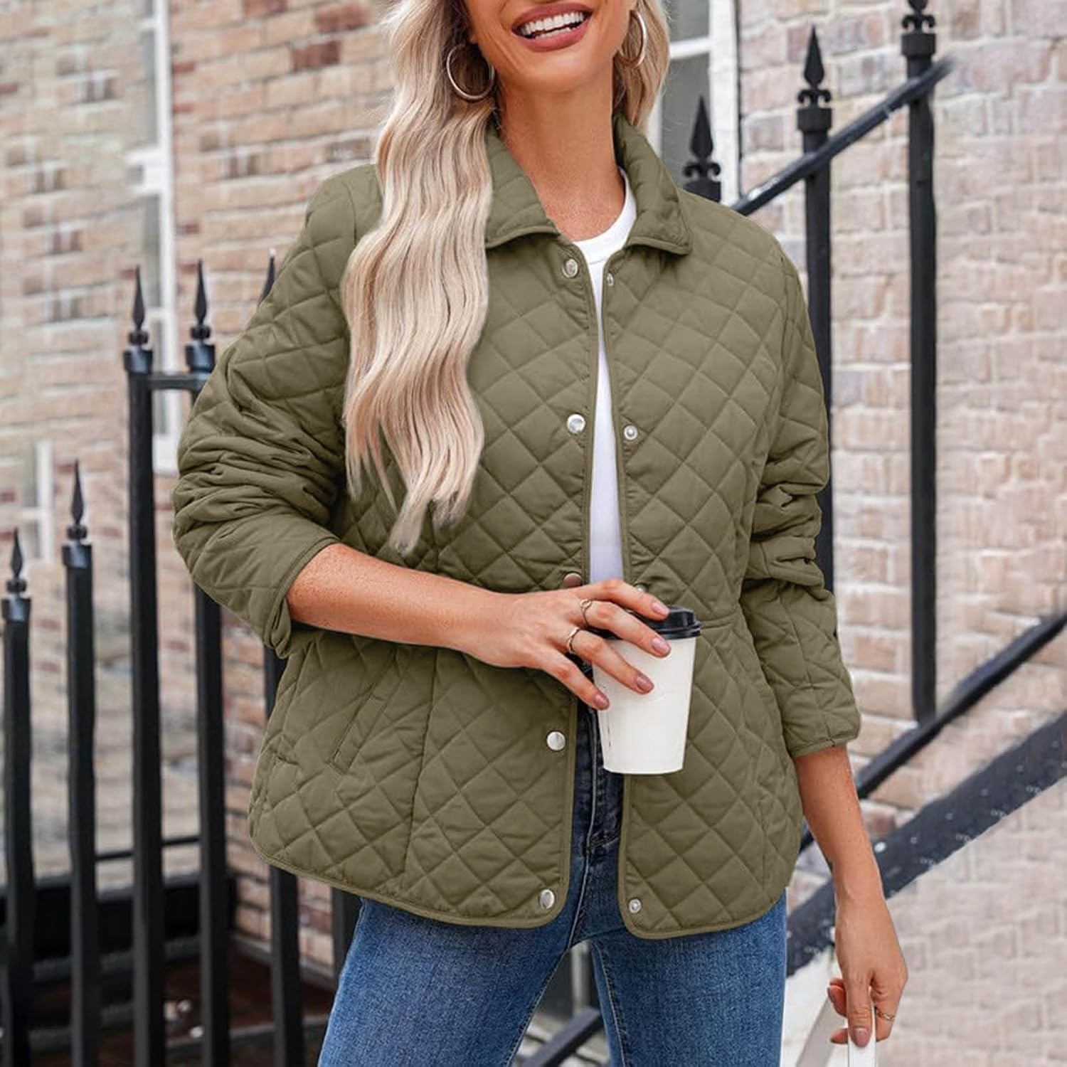 Winter Lightweight Jacket for Women Diamond Quilted Button Lapel Coat Jacket Ladies Casual Warm Padded Outerwear Coat