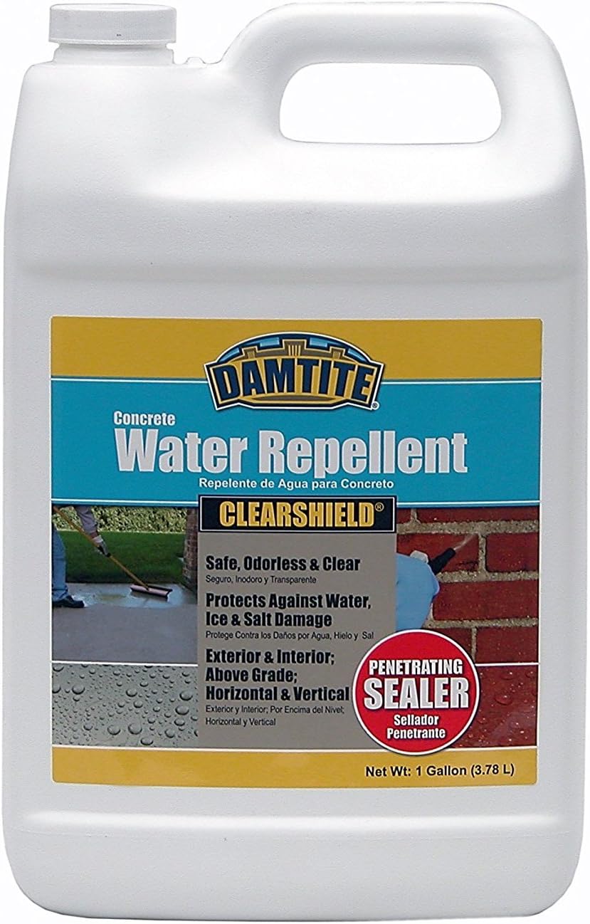 DAMTITE Concrete Water Repellent Clear Shield, Safe, Odorless & Clear, Protects Against Water, Ice & Salt Damage, Interior/Exterior Use (1 Gallon)