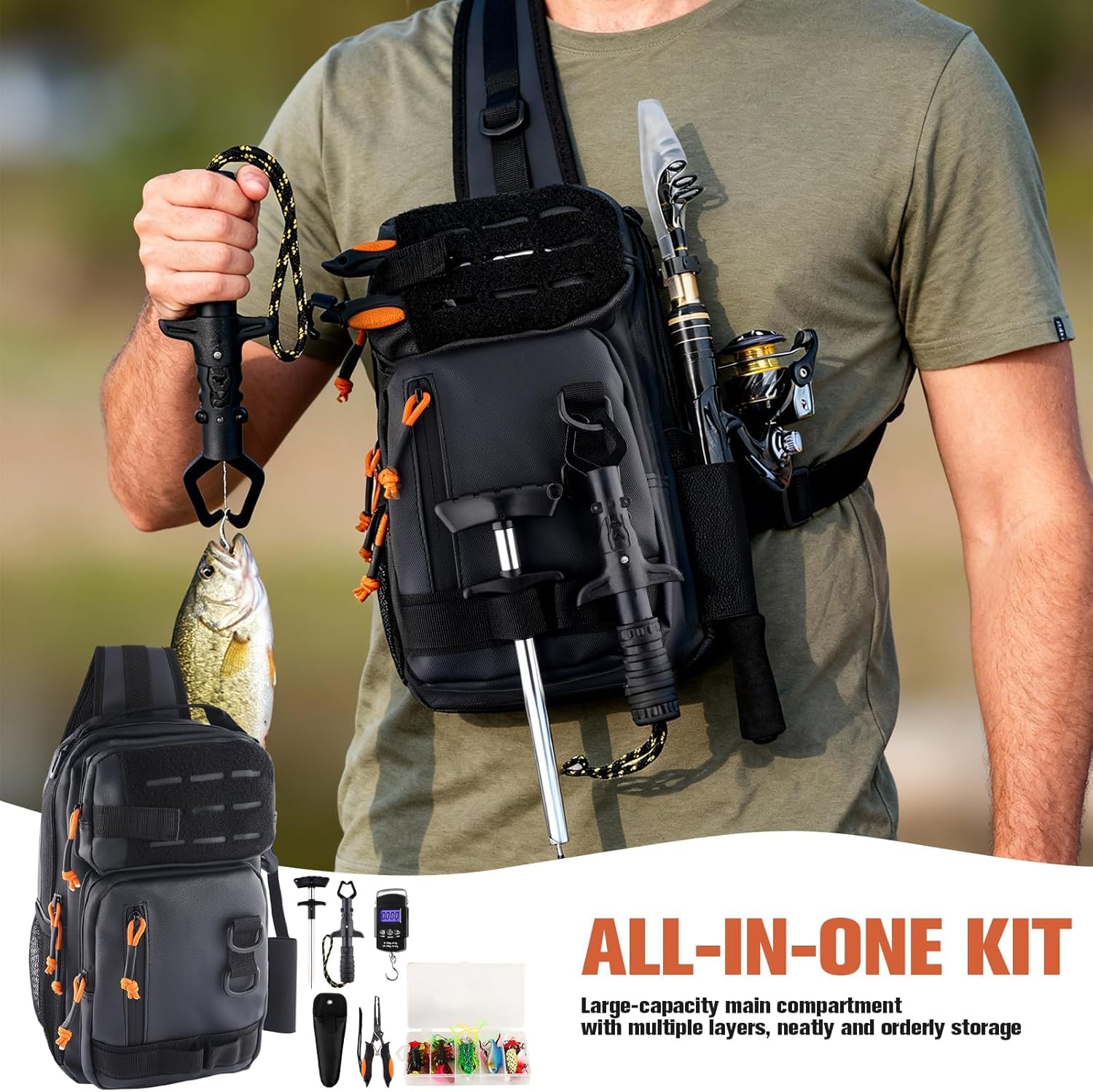 NewBEP Zaino da pesca con scatole per attrezzature, kit di attrezzi da pesca, leggero, impermeabile, borsa a tracolla con porta canna, regalo per pescatori, acqua salata e acqua dolce