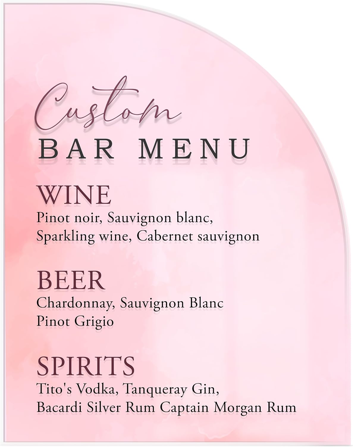 GotPrint Custom Acrylic Bar Menu, Custom Wedding Signs, Personalized Party Decor, Bridal Shower Signage, Drink List for Events, Clear Plexiglass, Half Arch, 9” x 18”, 2 QTY