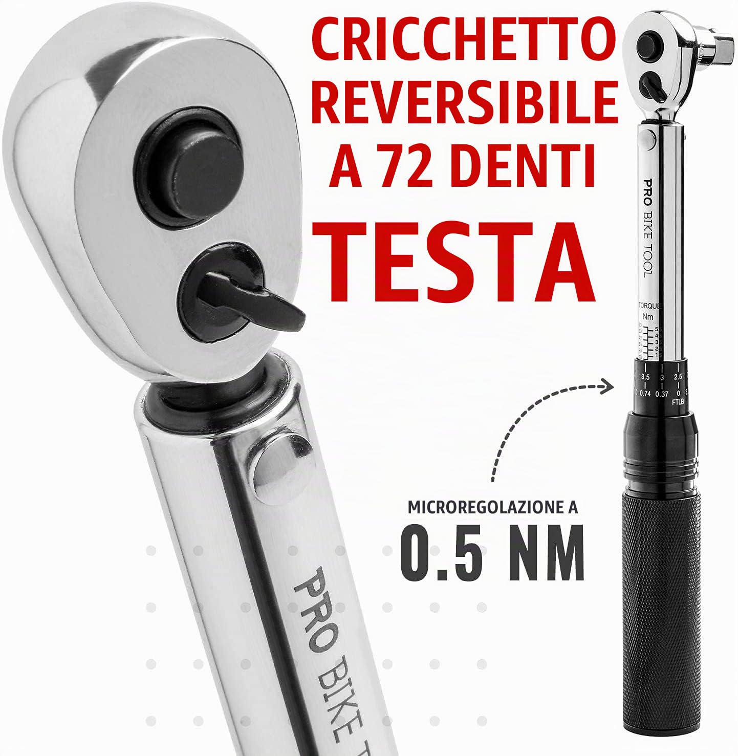 PRO BIKE TOOL Set di chiavi dinamometriche a clic da 3/8" da 10 a 60 Nm - Kit di manutenzione per bici da strada e mountain bike - Include adattatori da 1/2" e 1/4"
