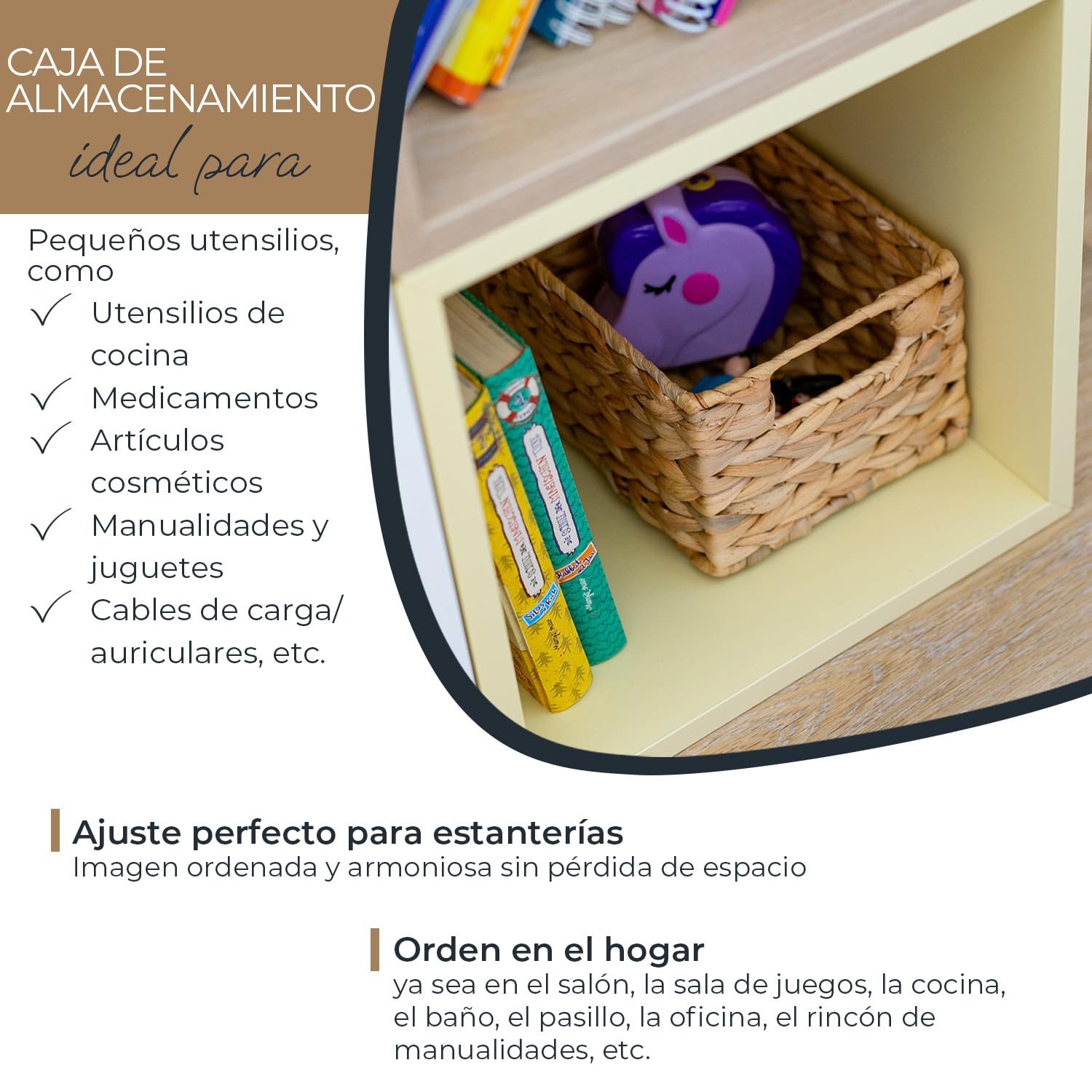 HMF Cesta de almacenaje trenzada organizadora de jacinto de agua, cesta decorativa con asas para baño, cocina, salón y estantería | Juego de 2 | Tamaño S | 22 x 17 x 12 cm | Natural