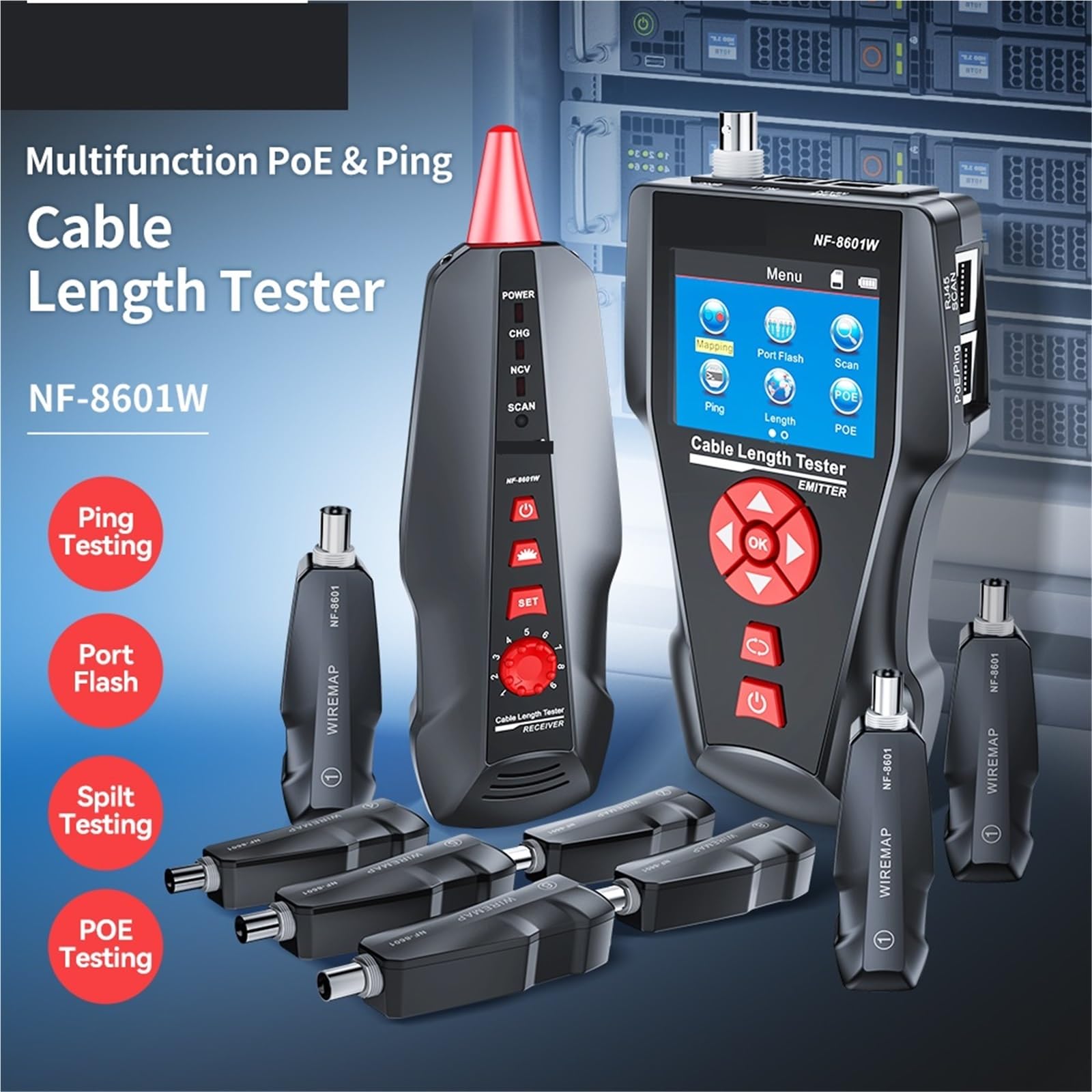 Tester per cavi di rete, NF-8601W Tester for cavi di rete RJ45 RJ11 BNC multifunzione POE Crosstalk Lan Test 8 pezzi Tracker for remoto