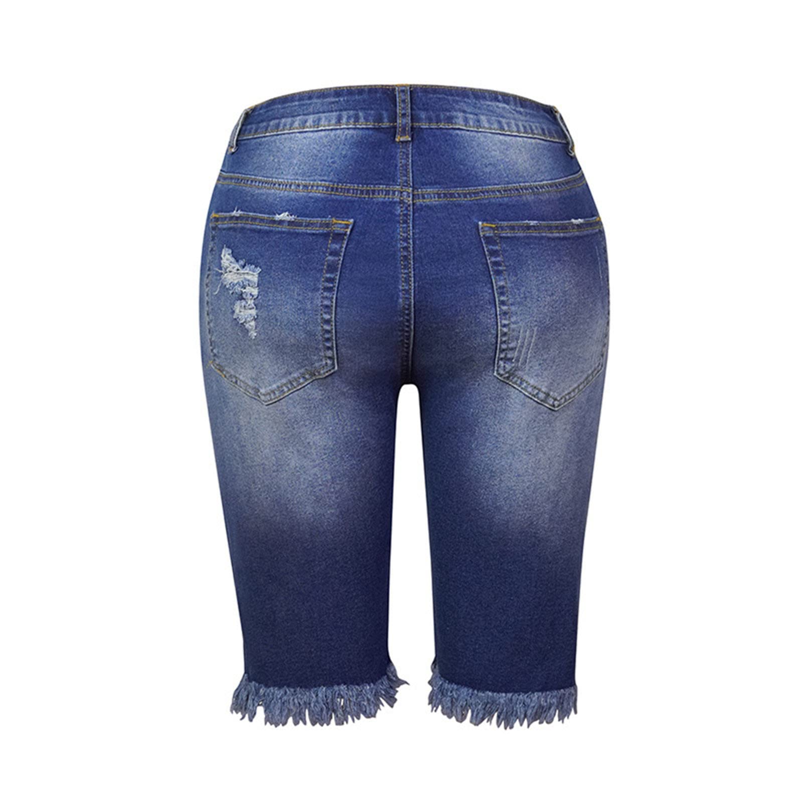 JEKE-DG Women Denim Hem Shorts Jeans High Waist Ripped Hole Distressed Short Jeans Knee Length Stretch Denim Jean Short (Small,Blue)