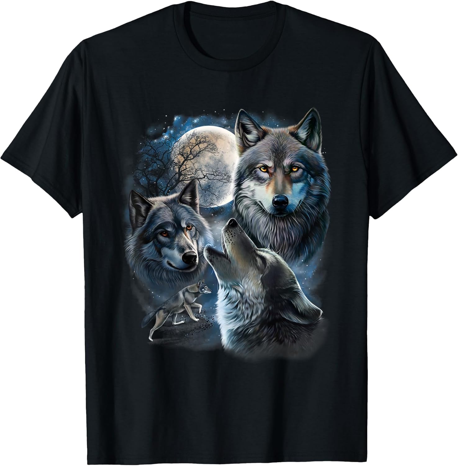 Grey Wolf Under Full Moon, Space, Galaxy, and Stars T-Shirt