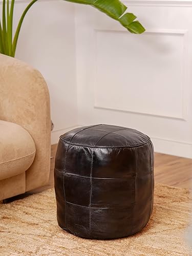 Puf de cuero geométrico ecológico hecho a mano, color negro, redondo, 16 x 16 x 16 pulgadas, puf de cuero para sala de estar, dormitorio, patio
