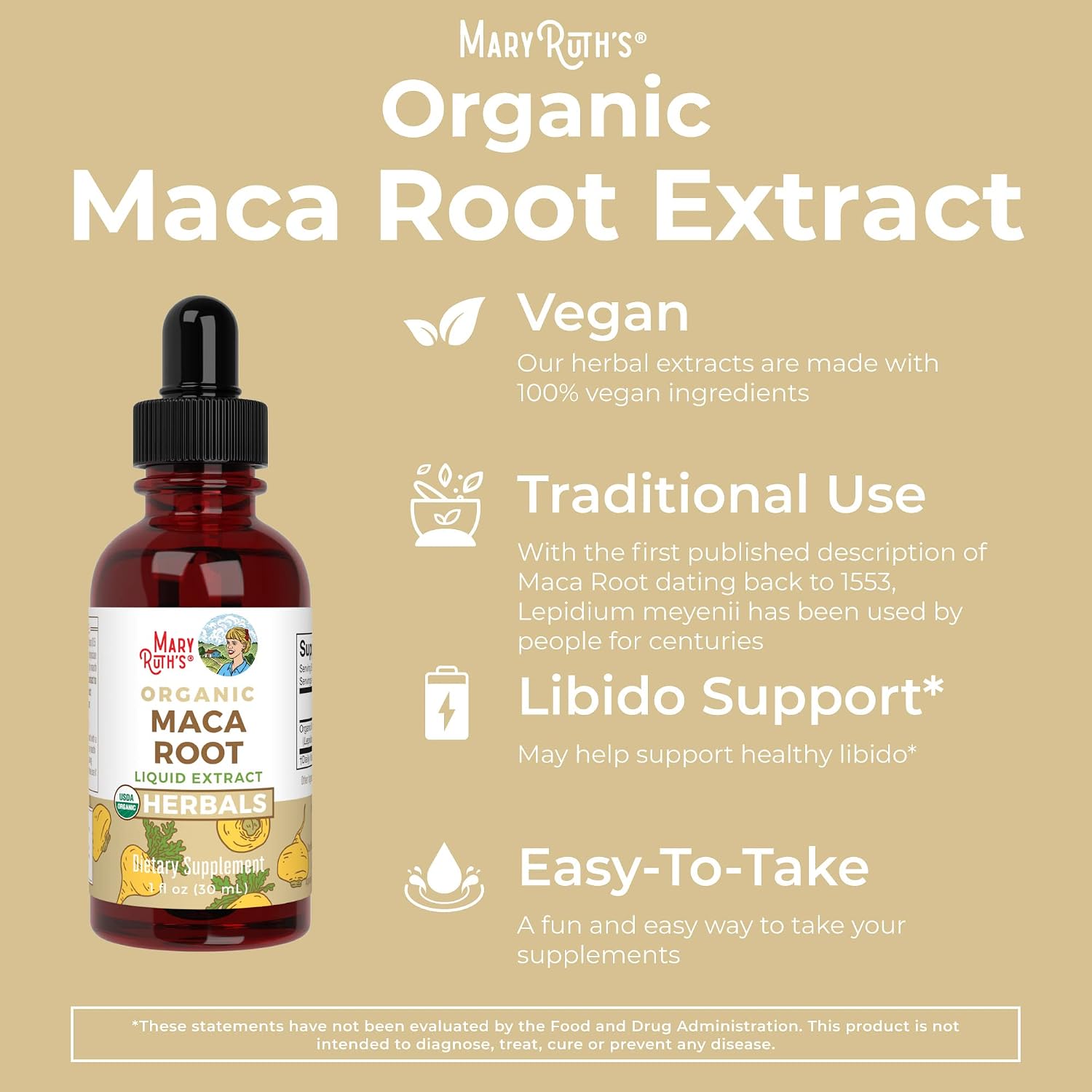 Maca | USDA Organic Maca Root | Maca Root Liquid Drops | Maca Supplement for Mood & Overall Health | Stress Relief Supplement | Vegan | Non-GMO | Gluten Free | Alcohol Free | 1 Fl Oz