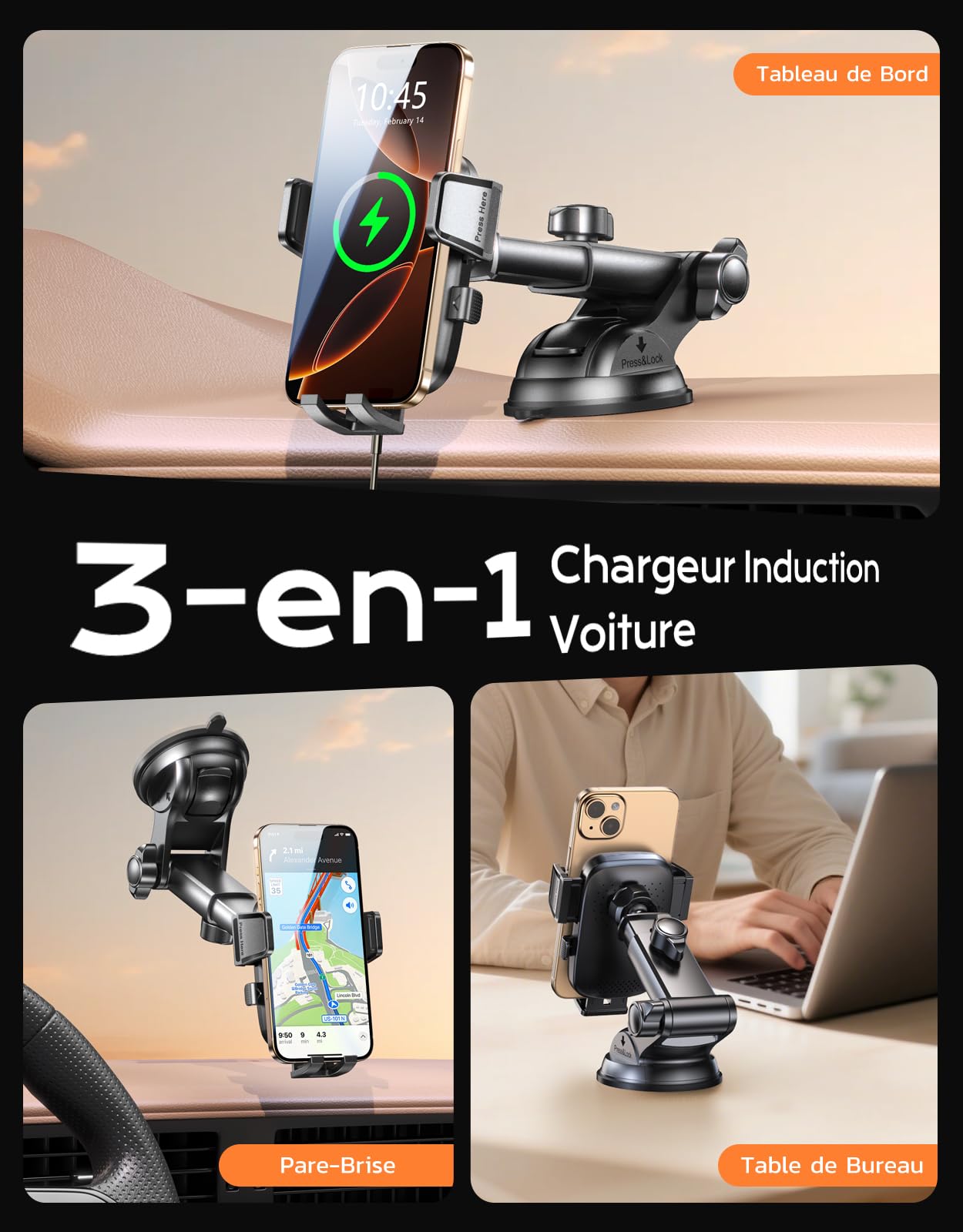 Mohard Support Téléphone Voiture Induction, 15W Chargeur Induction Voiture Charge Rapide, Ventouse Puissante & 360° Rotation, Chargeur sans Fil Voiture pour iPhone 17 Pro Max/16/15/14, Galaxy S25/S24