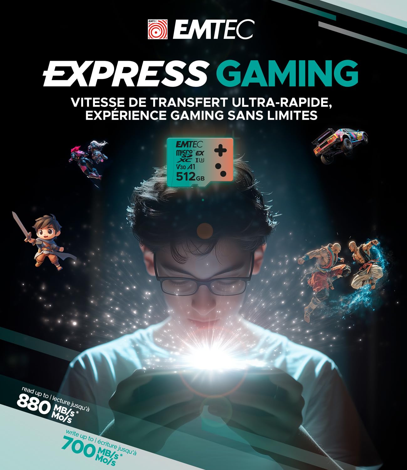 EMTEC - Carte MicroSDXC 128GB UHS-I U3 V30 A1 Express Gaming, Compatible Nintendo Switch 2, Haute Vitesse jusqu'à 880Mb/s, Stockage Étendu, Idéale pour Jeux Vidéo et Applications