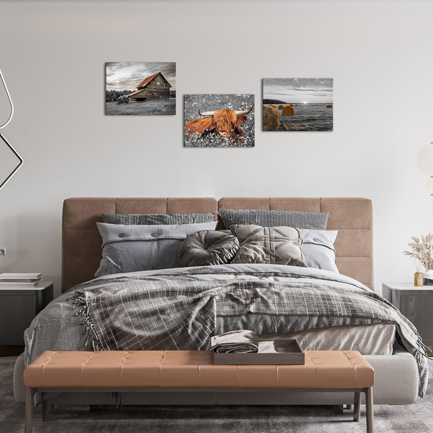 RnnJoile Farm Pictures Wall Decor Farmhouse Highland Cow Cattle Hay Art Prints on Canvas Brown Paintings Framed 12"x12" Each Piece