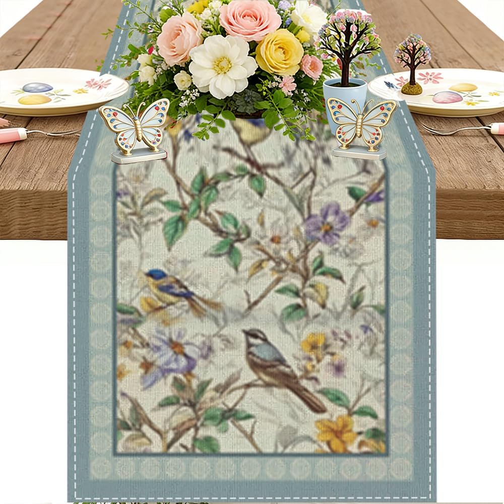 Floral Bird Design Table Runner, 13x72 Inch Spring Table Runner & 6Pcs Placemat for Dining Tables, Elegant Runners Set to Refresh Your Home Decor