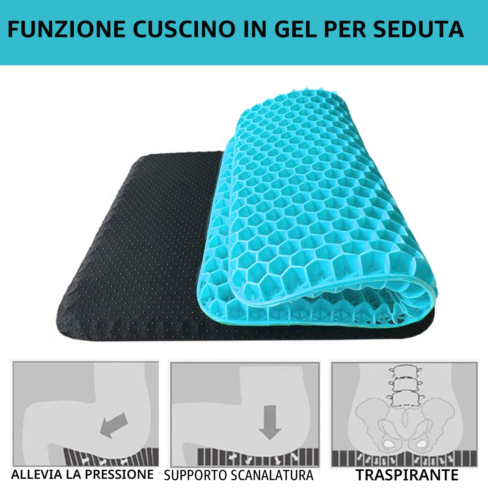 Cuscino Gel Per Sedia,Cuscino antidecubito-Cuscino gel Elastico per Il Sostegno del Sedile,Fresco e Traspirante, Cuscino per Sedia Ufficio per Ridurre la Pressione Su Fianchi (blu latte, 43*38*4)
