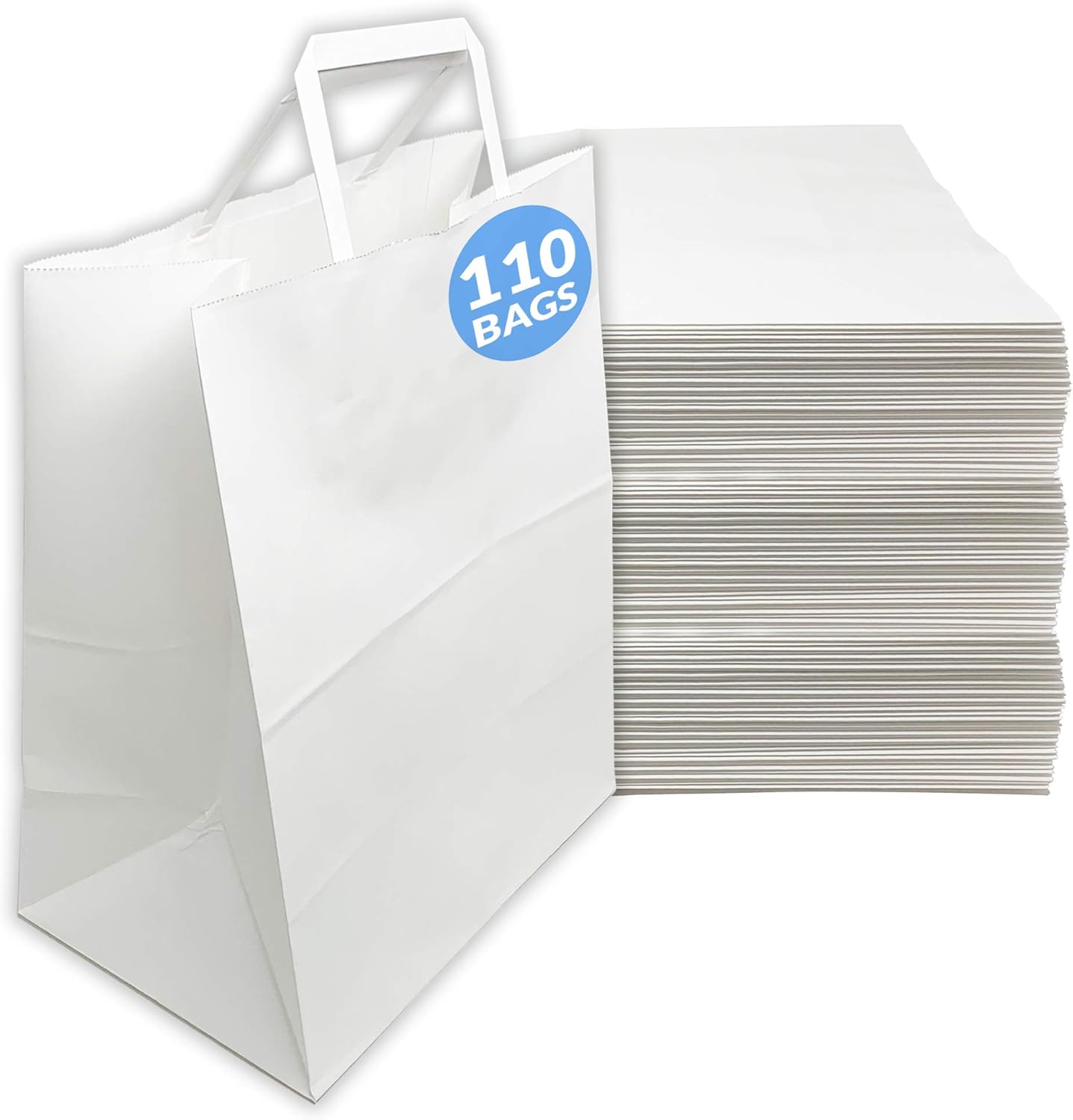 Reli. 110 Pack | 10”x5”x13” | White Paper Bags w/Handles | Ideal for Gifts, Shopping Bags, Retail/Merchandise, Grocery, To Go/Take Out with Flat Handles