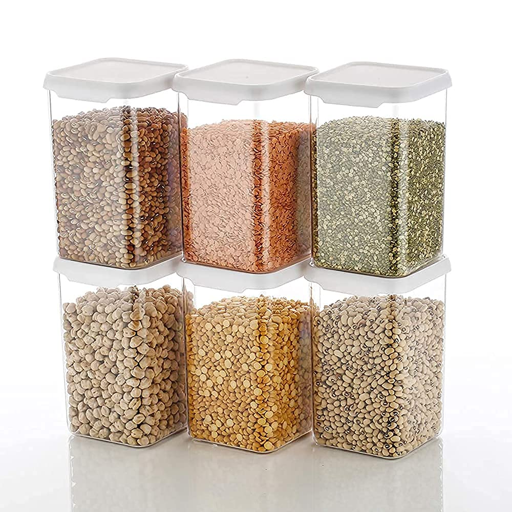 LEAWALL Plastic Cereal Dispenser Easy Flow Storage Jar 1100 Ml, Idle for Kitchen- Storage Box Lid Food Rice Pasta Pulses Container, Square Containers for Kitchen Set of (6),Clear