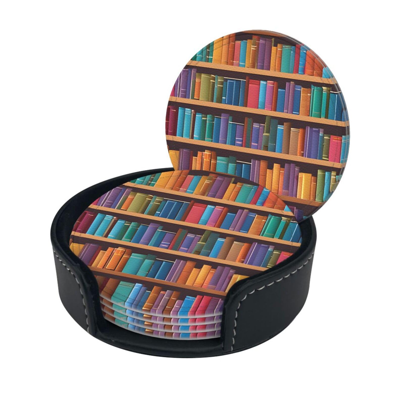 (library bookshelf) Round Drink Coasters Set of 6 with Storage Box Decorative Cup Coasters for Coffee Bar Home Office Decor