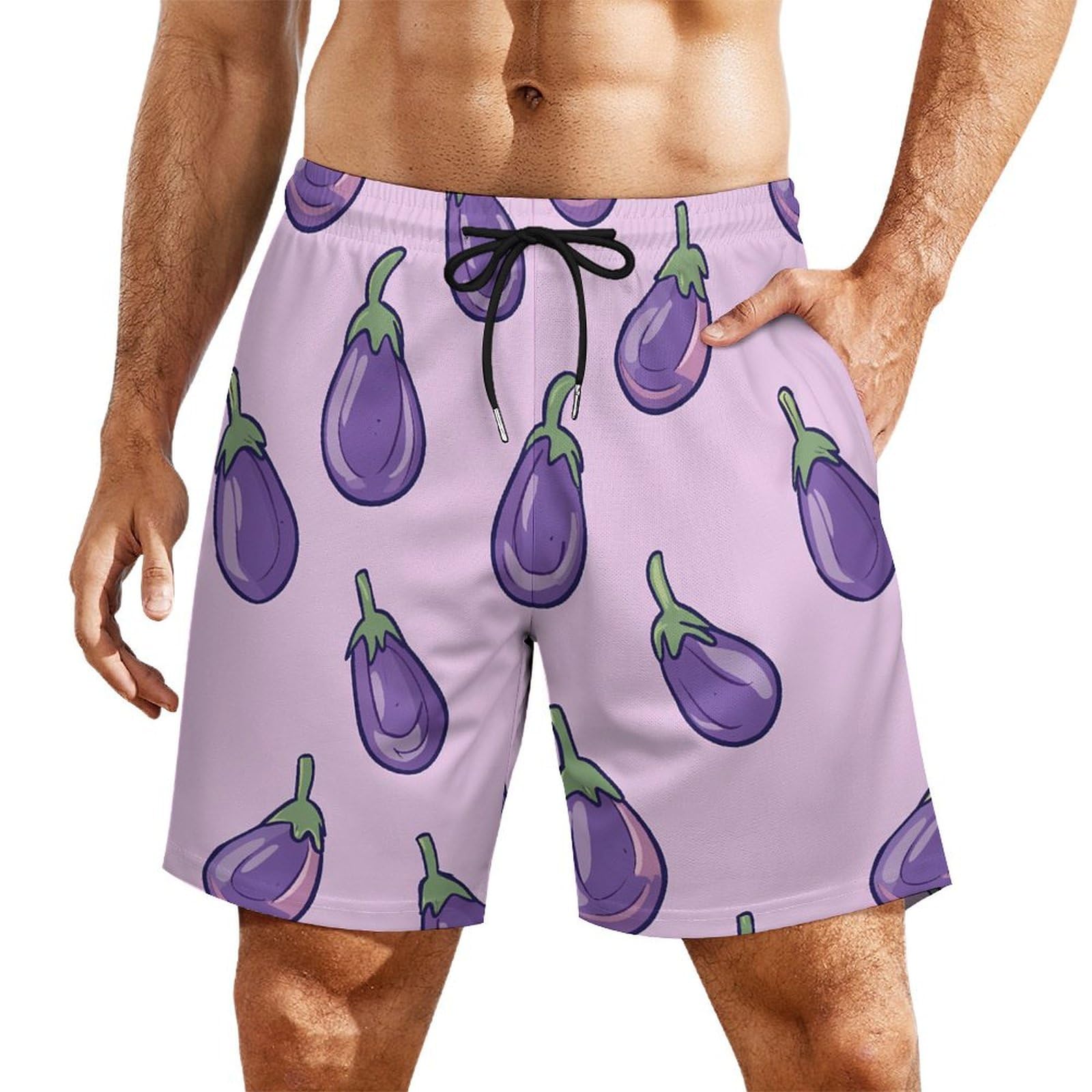 Ahdyr Cartoon Eggplants Men's Beach Shorts Compression Liner Swim Trunks Quick-Dry Board Short Pants
