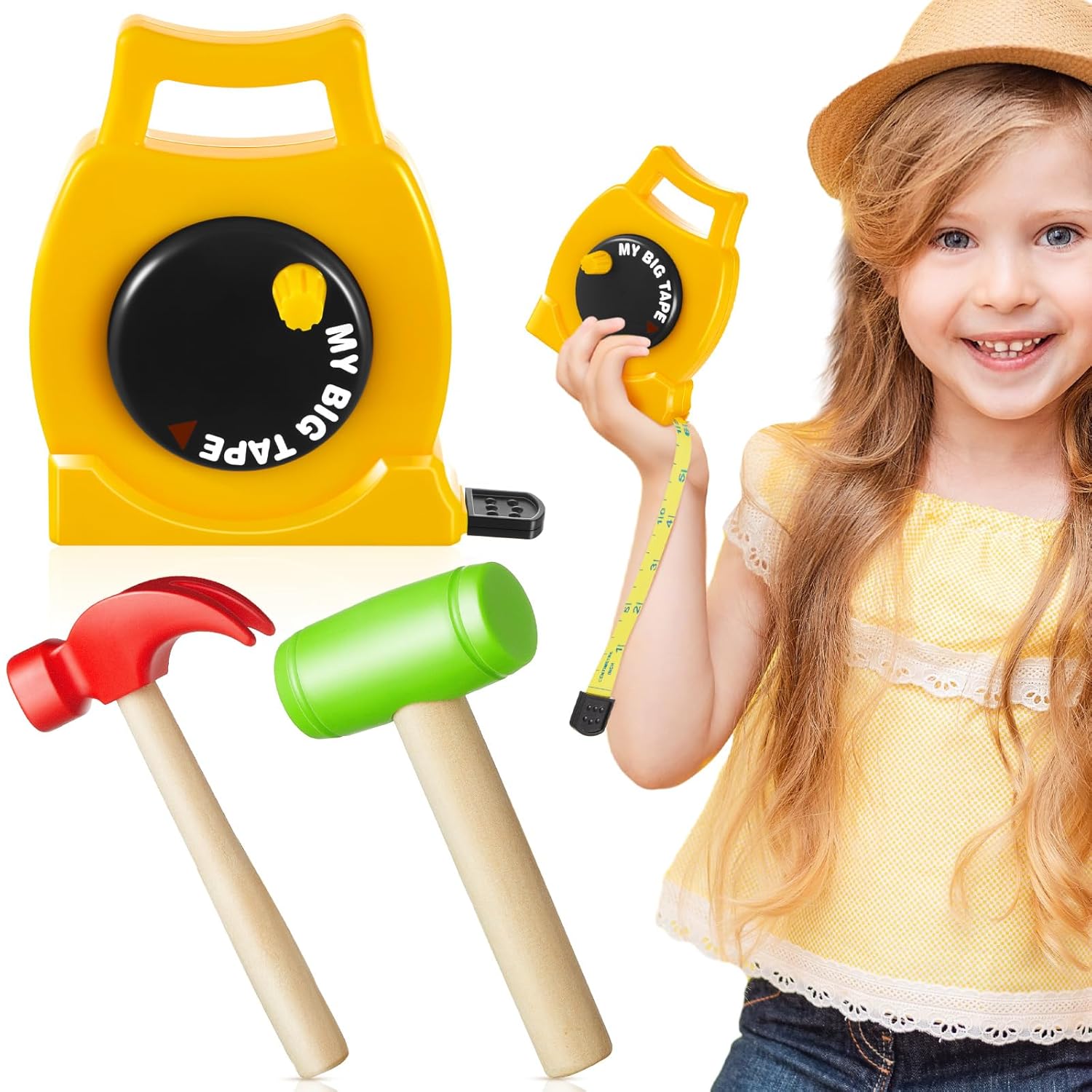 1 Pcs Kids Measuring Tape Toy and 2 Pcs Hammer Simulation Wooden Plastic Mallet Toy for Kids Toddler Back to School Educational Learning