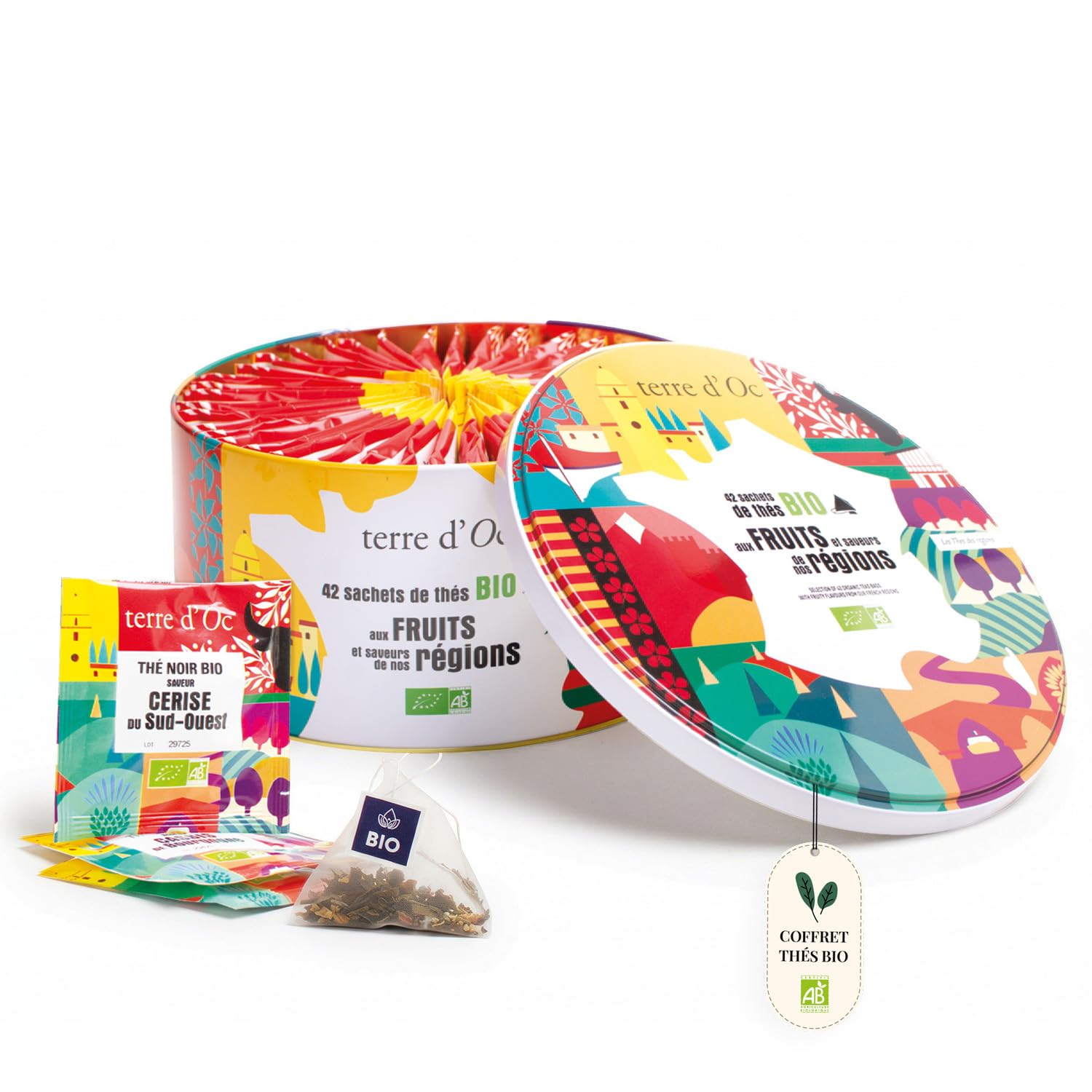 Terre d'Oc - Coffret 42 Sachets de Thés Bio – Collection des 6 Thés de Nos Régions - Thés Verts et Noirs - Saveurs Fruitées et Authentiques - Idée Cadeau Homme et Femme - 84g