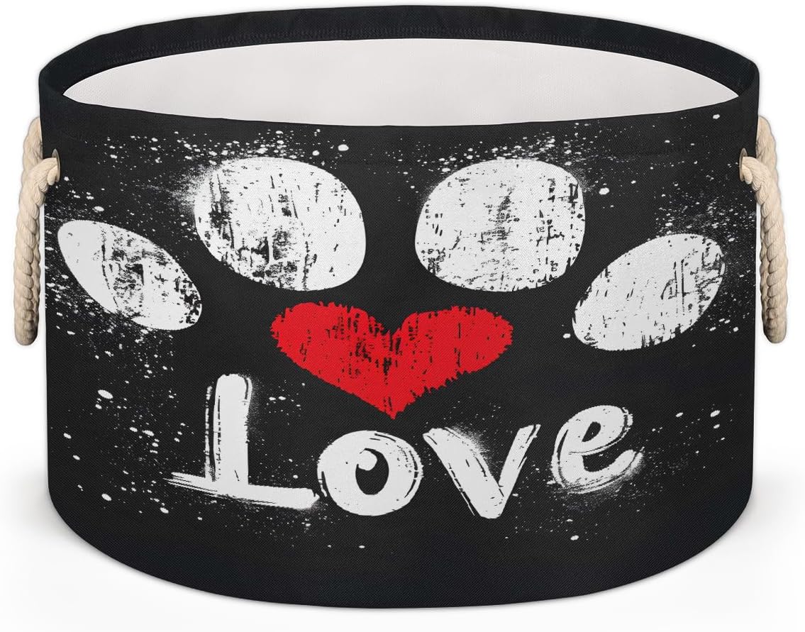 Large Round Laundry Basket Cute Love Dog Paw Toy Bins Organizers and Storage for Girls Canvas Collapsible Blanket Storage Basket Laundry Hamper Gift Baskets Bedroom Clothes Children Nursery