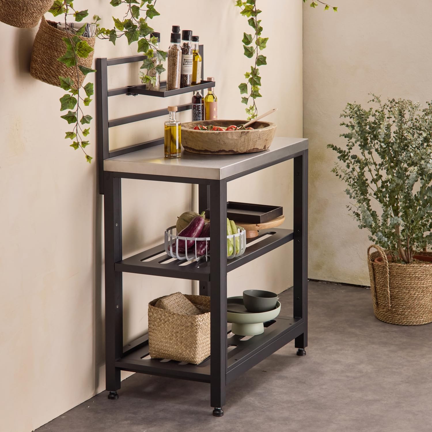 Modulo cucina da esterno in acciaio 2 ripiani, 80cm Nero - 48x80x124 cm