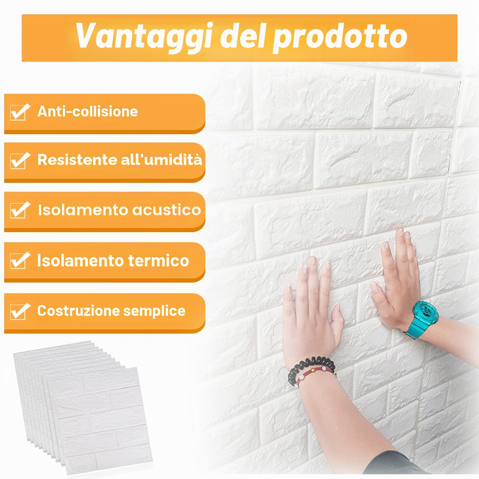 Carta da parati 3D, 10 pezzi 3D mattoni autoadesivi, 38,5 x 35 cm, motivo mattone bianco, per bagno, camera da letto, soggiorno, balcone, cucina
