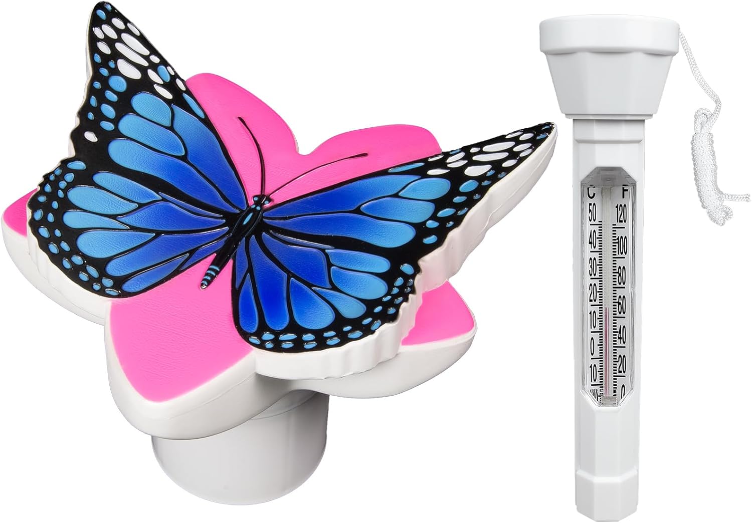 Poolmaster Pool Maintenance Essentials 2-Pack, Blue Butterfly Floating Chlorine Dispenser with Adjustable Control for Balanced Clean Pool Water and Classic Pool Thermometer for Water Temperature