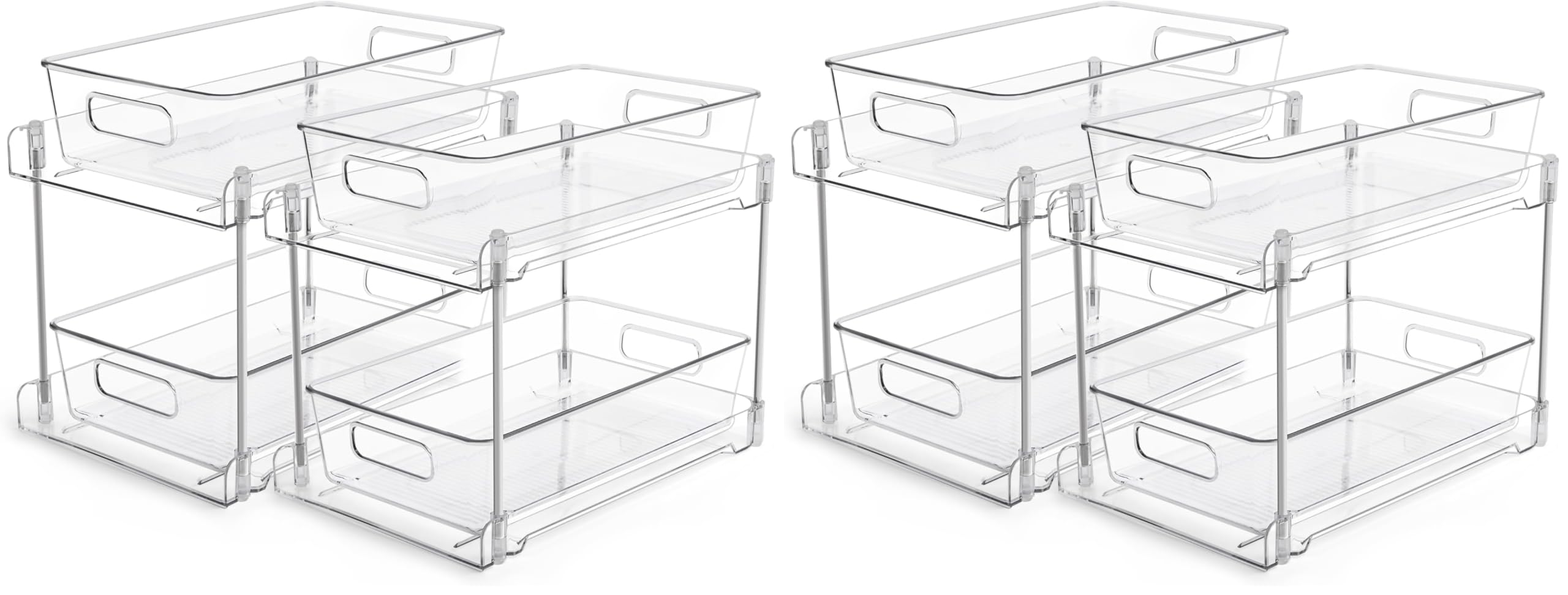 Vtopmart 2 Tier Bathroom Storage Organizer, 4 Pack Clear Under Sink Organizers Vanity Counter Container, Cabinet Drawers Bins, Pull-Out Organization with Track for Pantry, Kitchen