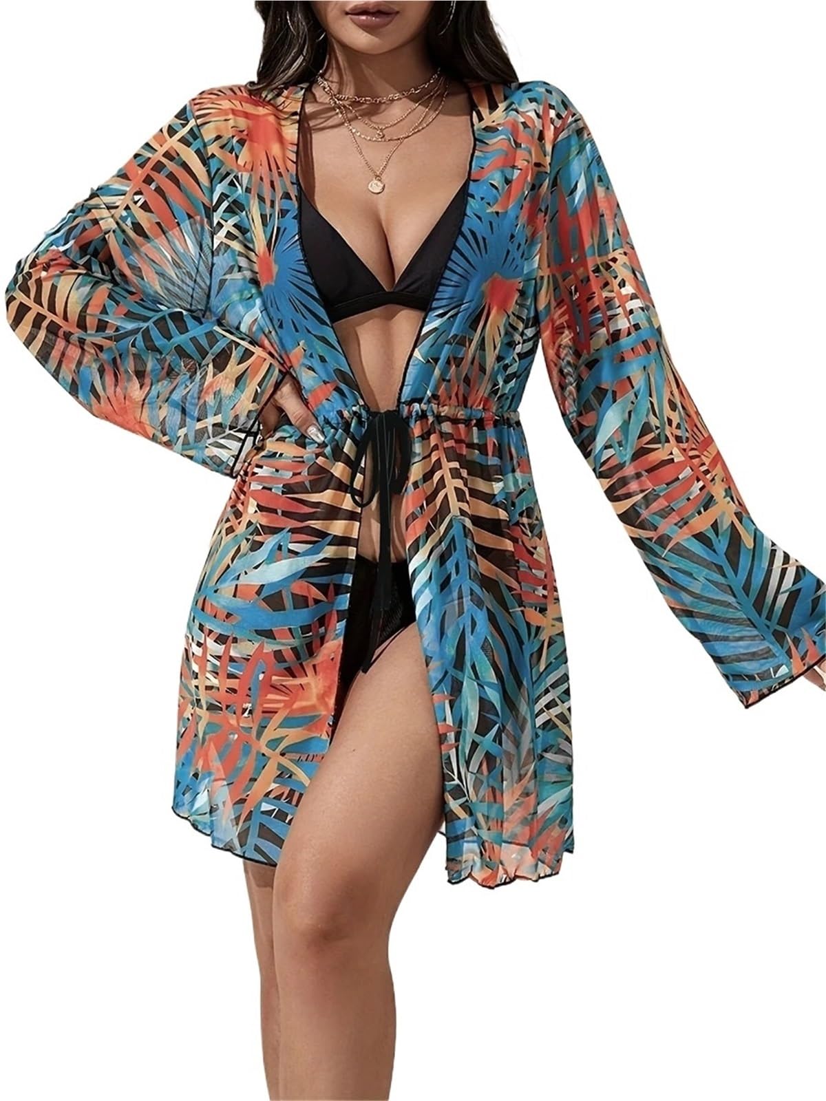 Copricostume da Spiaggia con Stampa di Grandi Dimensioni e Maniche Lunghe, Kimono Intero da Donna, Costume da Bagno da Donna, Abbigliamento da Spiaggia per Vacanze, Piscina(2XL)