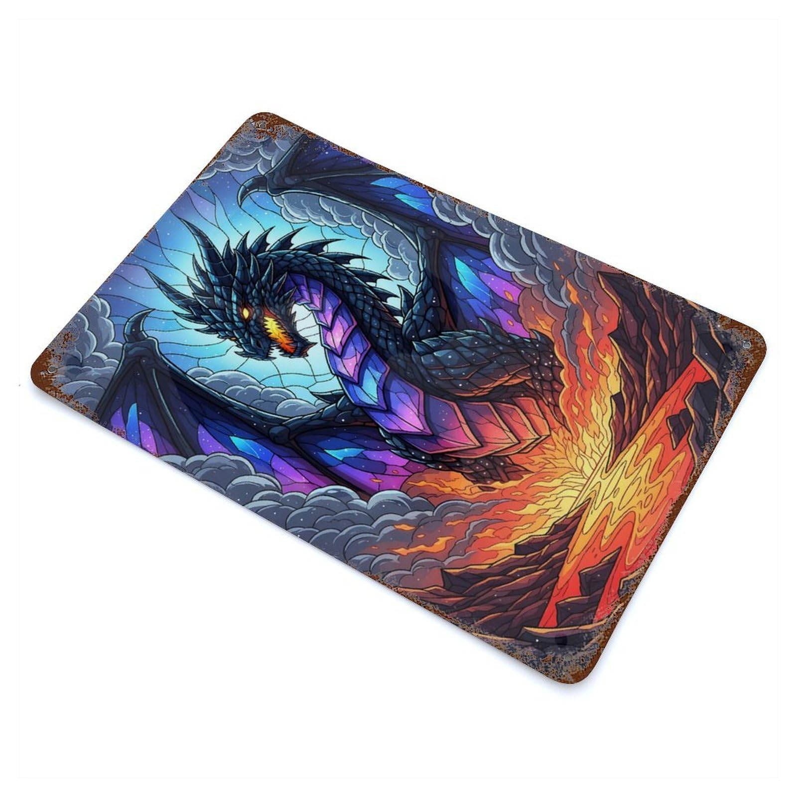 Garage Style Majestic Dragon in Fiery Landscape Vintage Rust Metal Sign 11.8"x7.9", Vintage Wall Decor for Bar And Workshop