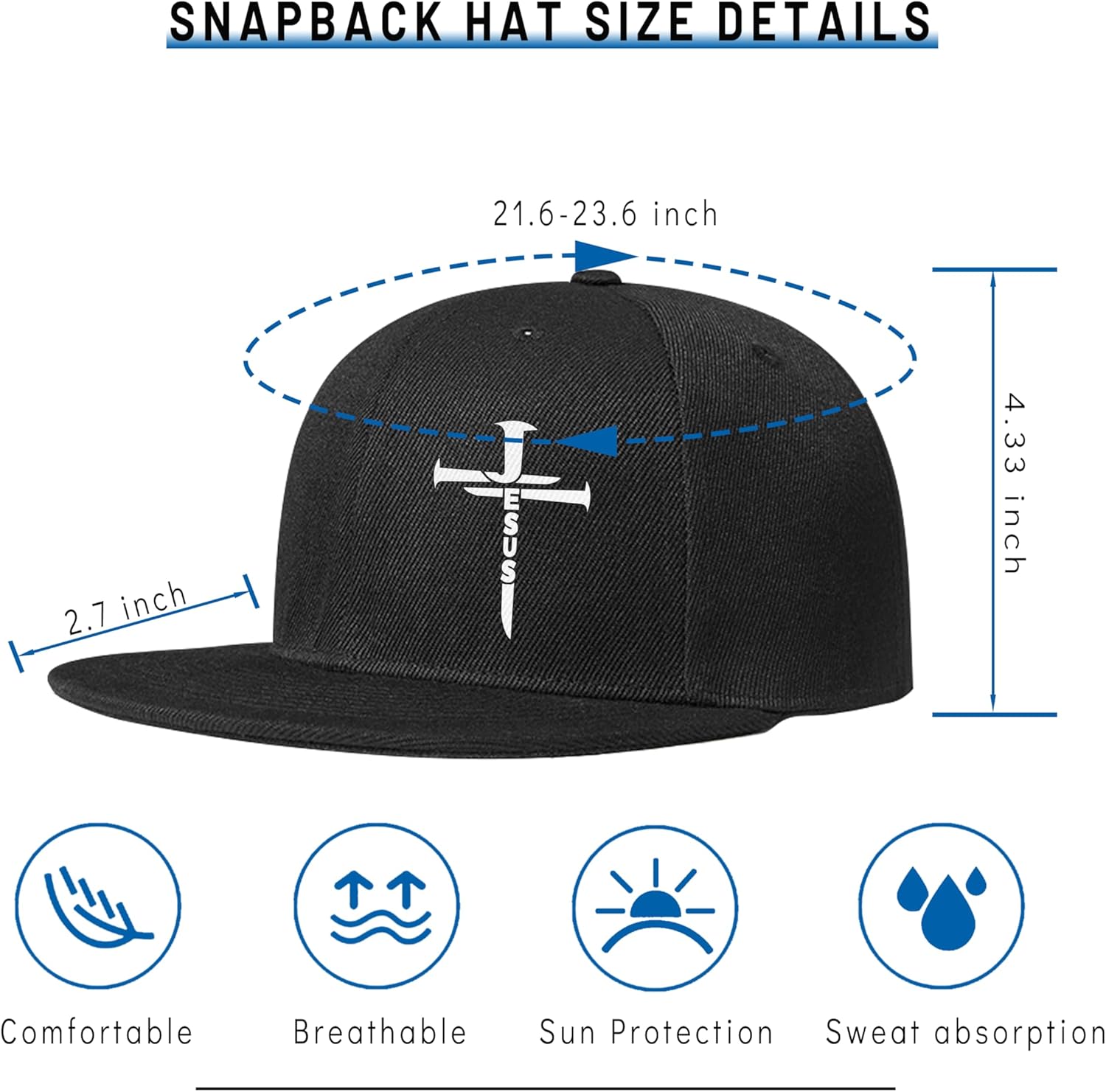 Christian Cross Hats Snapback Baseball Hat for Men Jesus 3 Nail Crosses Flat Bill Hats for Women Black Baseball Cap Adjustable Snap Backpack Dad Trucker Hat Christian Religious Gifts for Men Women - Image 3