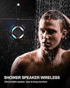 comiso Shower Speaker, Portable Speaker with Robust Bass, IP67 Waterproof | Bluetooth Speaker with LED Light, Floating, Stereo Sound, 2000mAh, Lanyard, Great for Kayak, Travel, Beach, Gift for All Ages