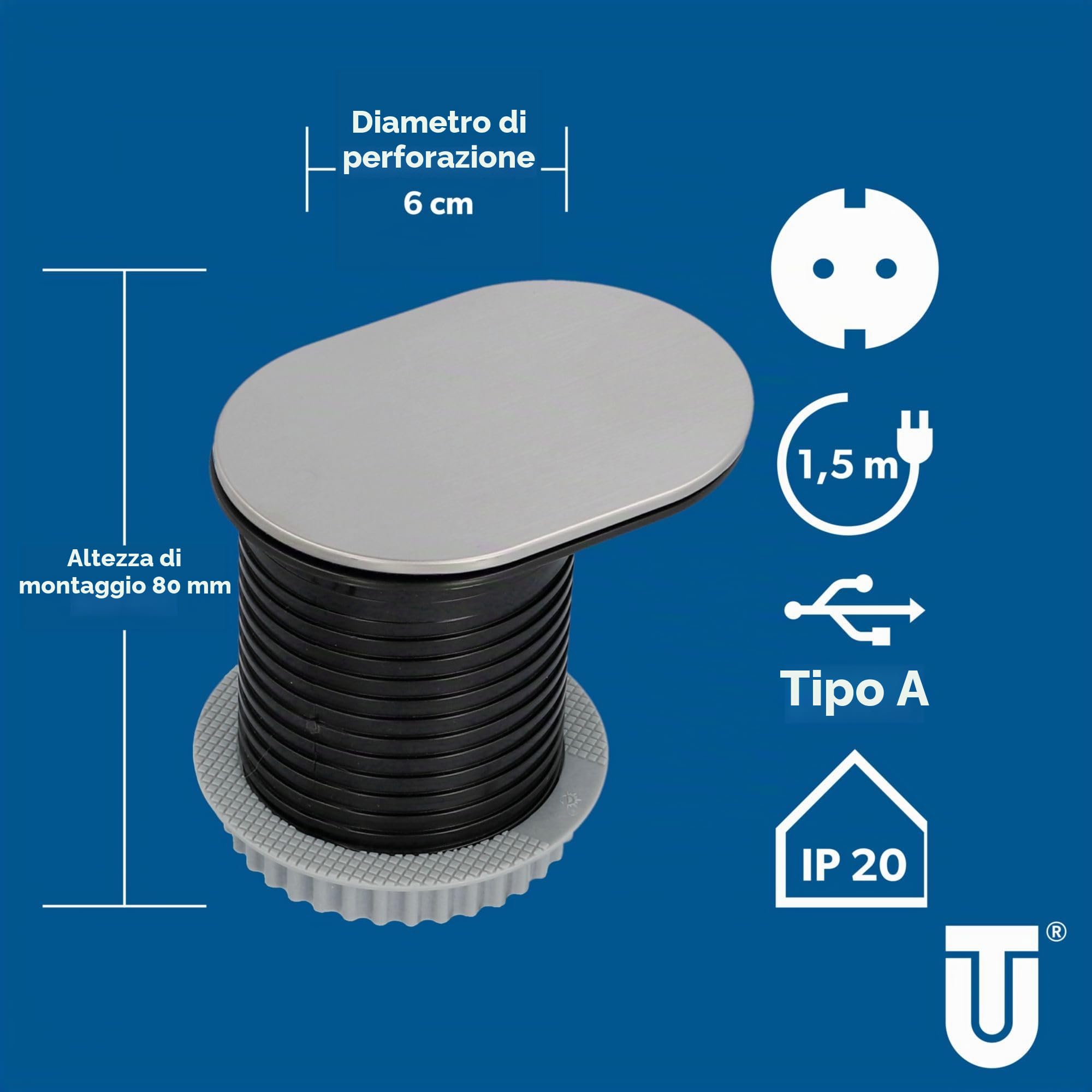 UNITEC Presa da incasso per piano da tavolo, presa da tavolo, 1 presa Schuko + 1 USB, dimensioni compatte, facile installazione, protezione tramite coperchio scorrevole in acciaio inox