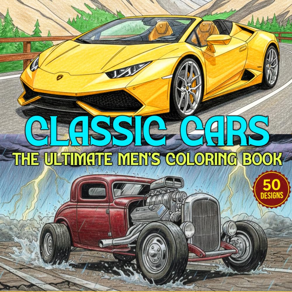 Classic Cars: The Ultimate Men’s Coloring: 50 Realistic Vintage, Muscle and Retro Automobile Designs for Stress Relief | A Nostalgic Gift for Car Lovers and Seniors