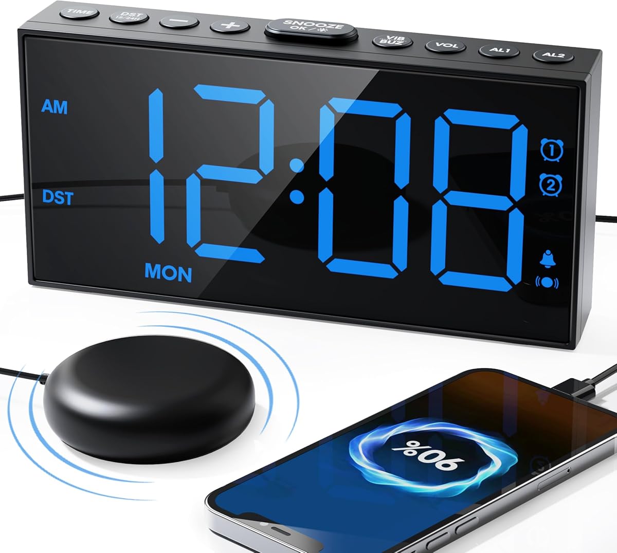 Loud Alarm Clock for Heavy Sleepers Vibrating Alarm Clock with 10000RPM Bed Shaker, 7.5" LED Display, Weekday/Weekend Mode, 5 Volume&dimmer, USB Charger, Dual Alarms for Kid Hearing Needs Blue