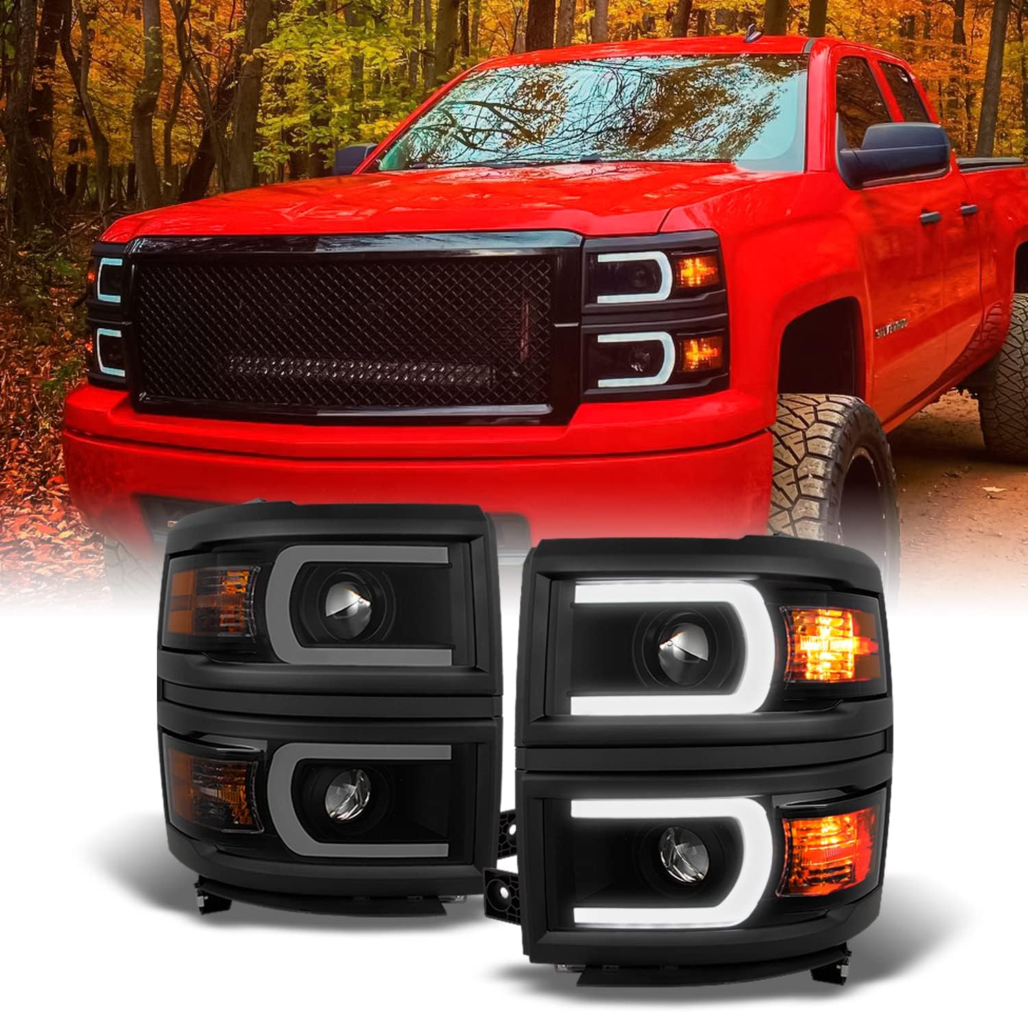 AKKON - For [U Neon Bar Style] [Black] 2014 2015 Chevy Silverado 1500 LED DRL Projector LH + RH Side Headlights